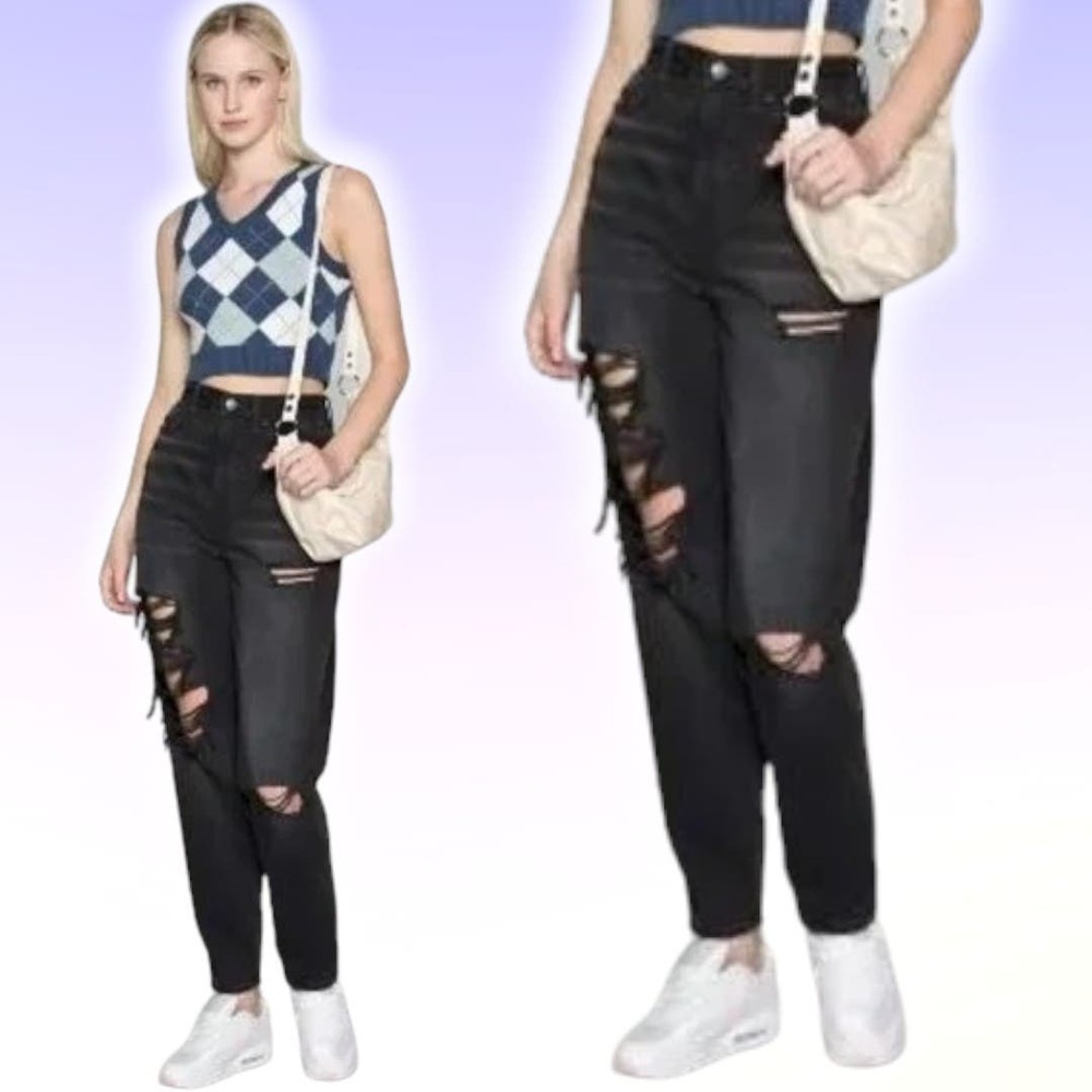 NWT AMERICAN EAGLE Relaxed High Rise Mom Jean Sz 00 Destroyed Distressing - Picture 1 of 7
